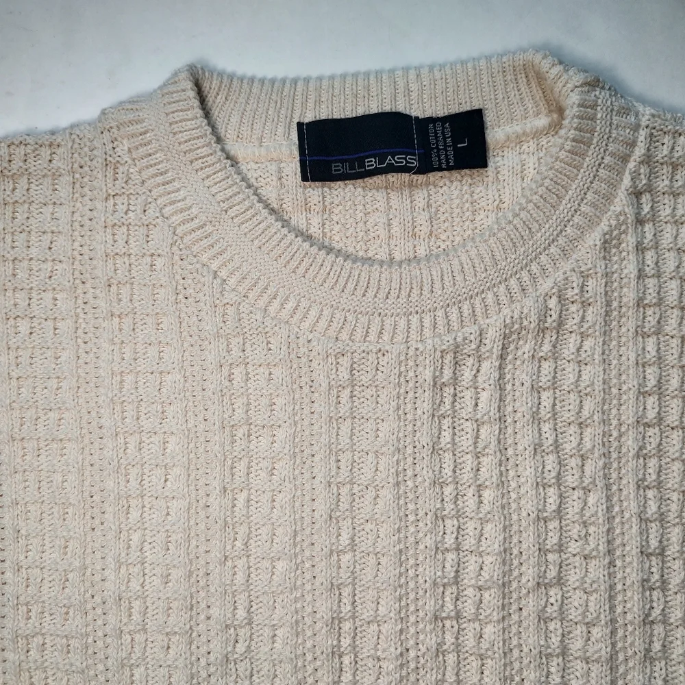 Bill Blass Vintage Sweater Men Cotton Cream Pullover Knit Crew Neck USA Ivory L - Picture 9 of 16